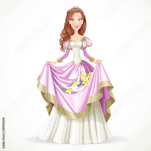 Beautiful princess with brown hair holds in her pink dress daffodils isolated on white background