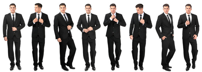 Collage with young handsome man in elegant suit posing on white background