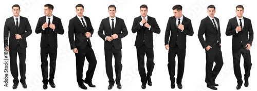 Tablou canvas Collage with young handsome man in elegant suit posing on white background