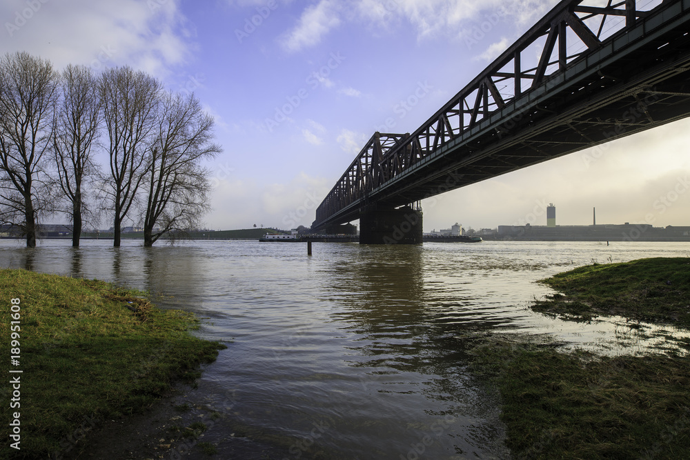 Ship passing the flooded area at Duisburg-Rheinhausen / Germany