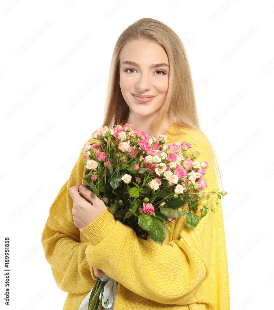 Beautiful young woman with bouquet of roses on white background Beautiful young woman with bouquet of roses on white background
