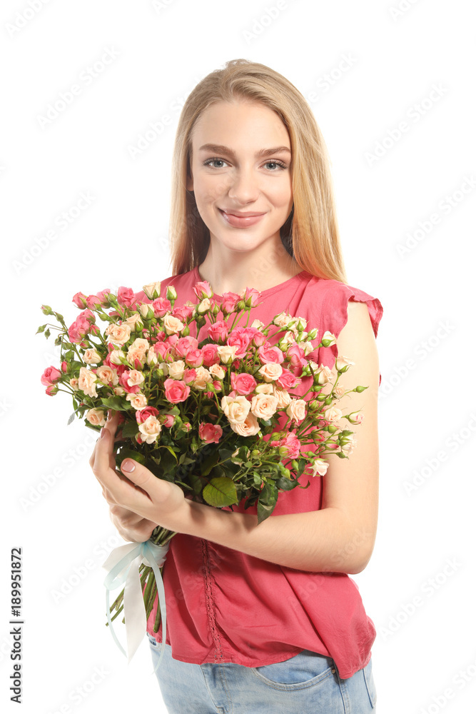 Beautiful young woman with bouquet of roses on white background Beautiful young woman with bouquet of roses on white background