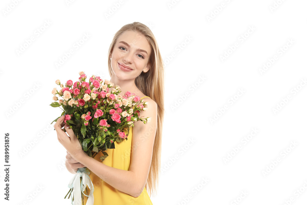Beautiful young woman with bouquet of roses on white background Beautiful young woman with bouquet of roses on white background