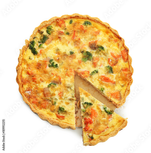 Tasty broccoli quiche on white background