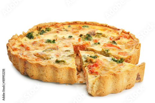Tasty broccoli quiche on white background