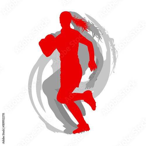 Rugby woman player in red isolated on white vector background fast motion concept