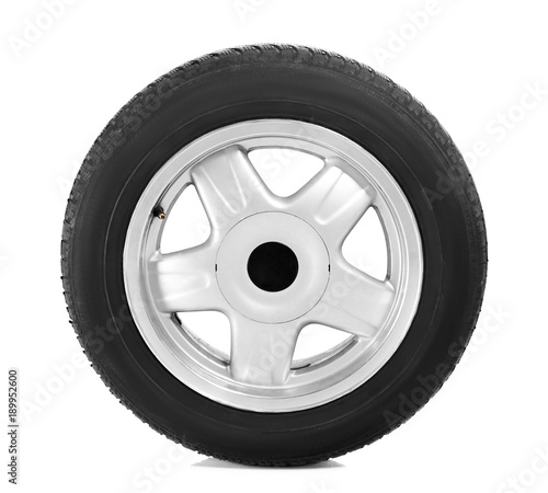 Car tire with wheel on white background
