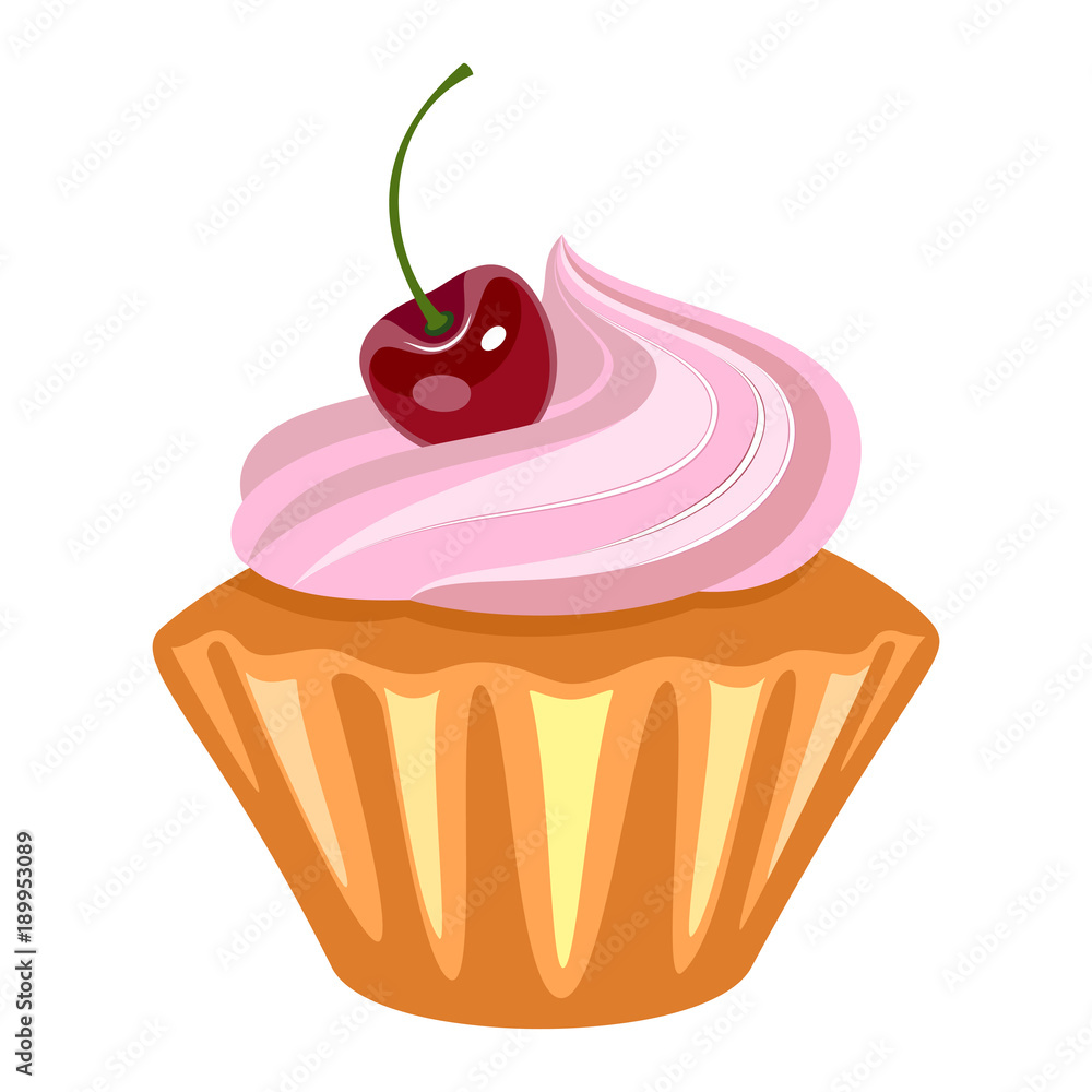 Cupcake With Whipped Vanilla Cream And Red Cherry On Top. Vector Illustration Isolated On White Background.