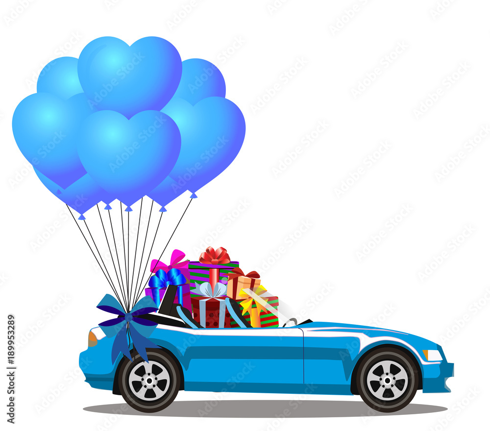 Blue modern opened cartoon cabriolet car with heap of gifts Blue modern opened cartoon cabriolet car with heap of gifts