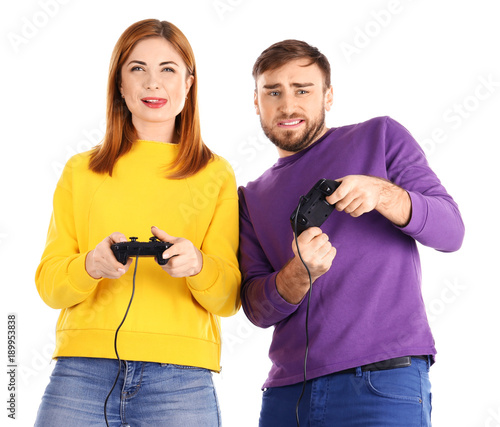 Emotional couple playing vi...