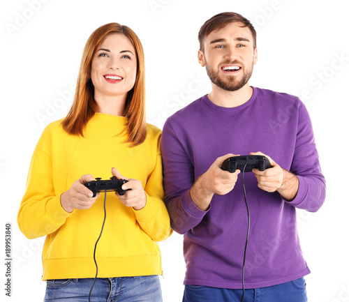 Happy couple with video gam...