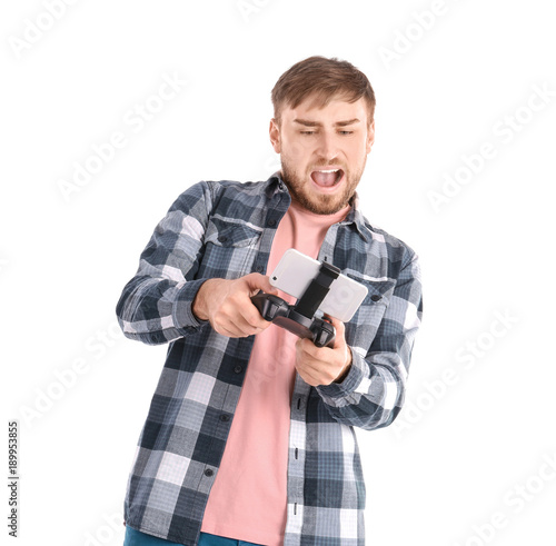 Emotional man with video ga...