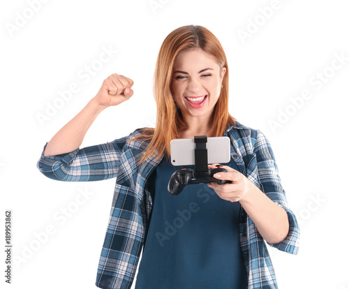 Emotional woman with video ...