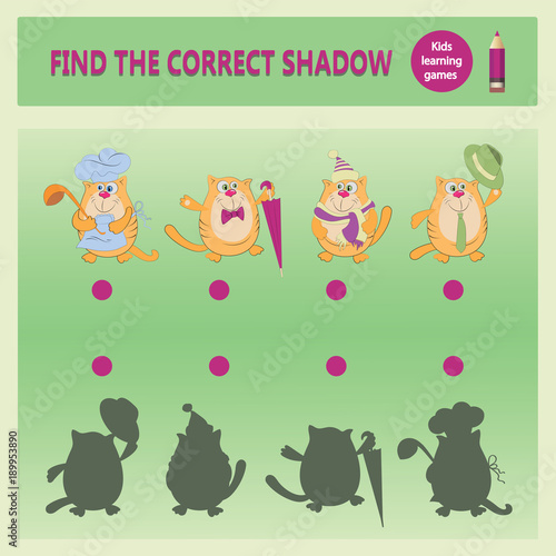 Funny cats. Find the correct shadow. A learning game for children. Cartoon vector illustration. Children's educational game collection.