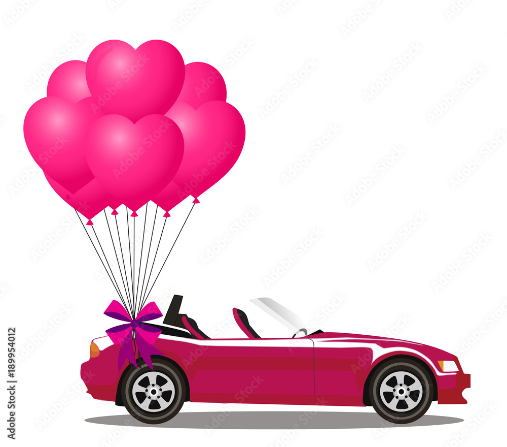 Pink modern opened cartoon cabriolet car with bunch of rose balloons Pink modern opened cartoon cabriolet car with bunch of rose balloons