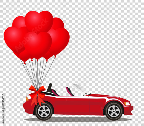 Red modern cartoon cabriolet car with bunch of red helium balloons