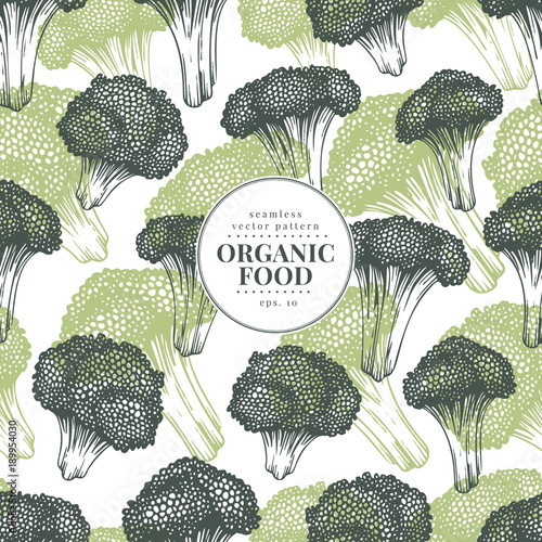Broccoli hand drawn vector seamless pattern. Vegetable engraved style illustration. Retro broccoli background. Can be use for menu, packaging, farm market product. Banner template.