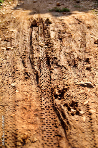 Bike tire tracks on muddy trail royalty. Tire tracks on wet muddy road, abstract background, texture material. Tyre track on dirt sand or mud, retro tone, grunge tone, drive on sand, off road track.