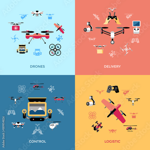 Digital vector flying drone objects color