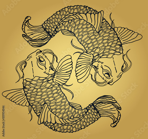 Two Japanese fish catfish on a golden gradient background