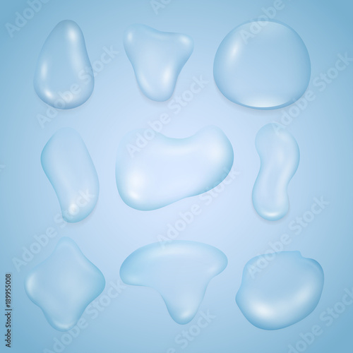 Set of vector water dew drops, condensed moisture on smooth surface, transparent aqua oozing down wet glass for bottled cool beverages advertising, or sweat of a person.