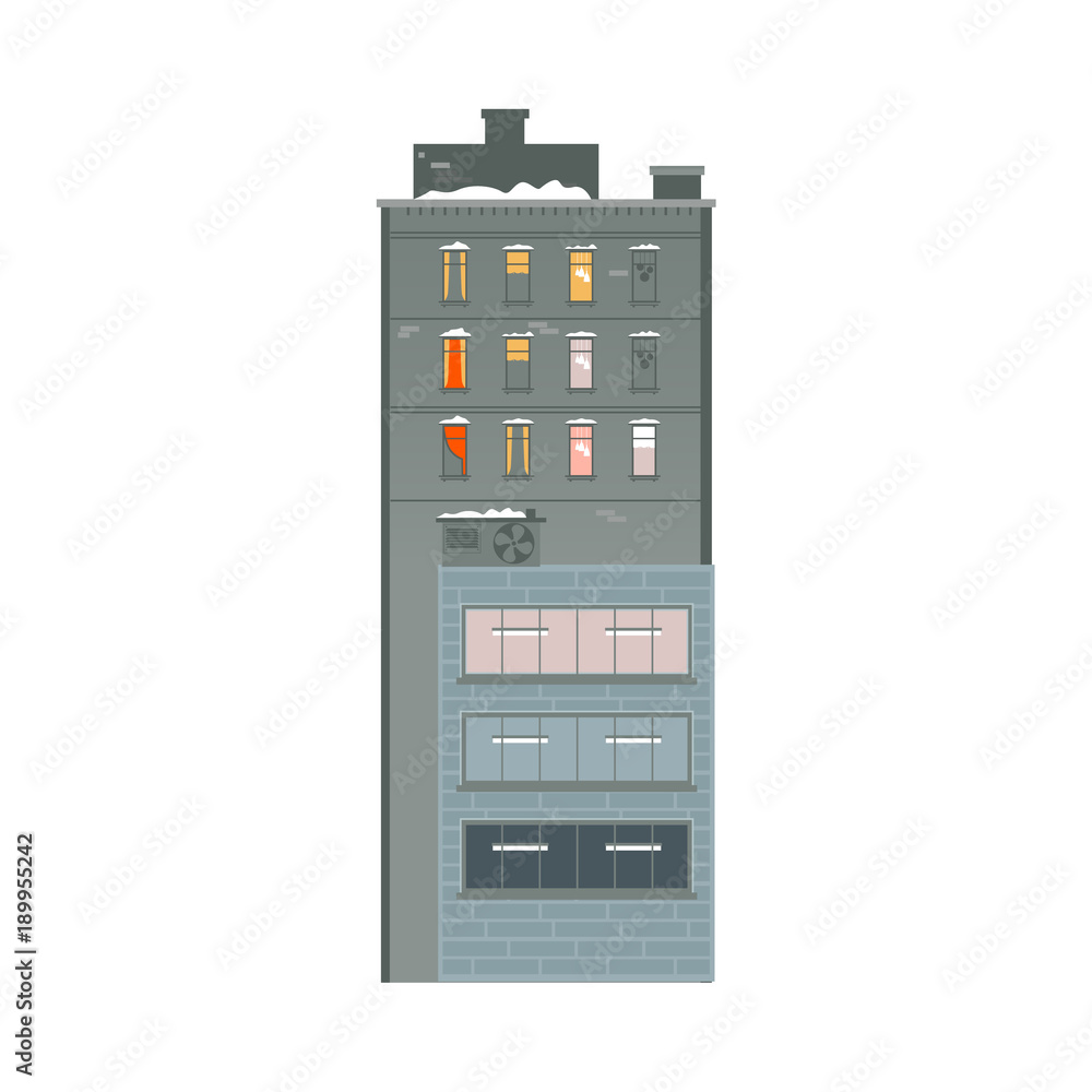 Vector flat building icon. Modern architecture. Office apartment, residential building construction. Downlown metropolis, dormitory area symbol urban landscape background design, Isolated illustration