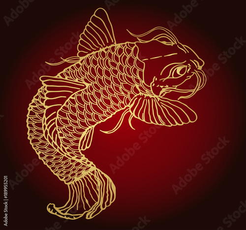 Golden fish catfish on a red gradient background. Detailed sketch of tattoo