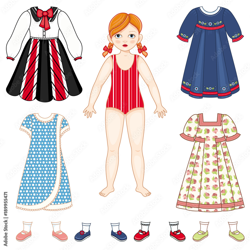 Paper doll set - little girl with pigtails in swimsuit and collection of  dresses and shoes, cartoon vector illustration isolated on white  background. Paper doll and a set of clothes Stock ベクター