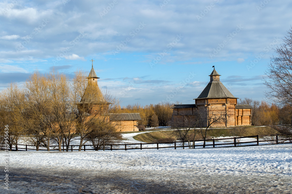 Wooden buildings of Nikolo-Korelsky Monastery in Kolomeskoye, Moscow. Monument of ancient Russian wooden architecture