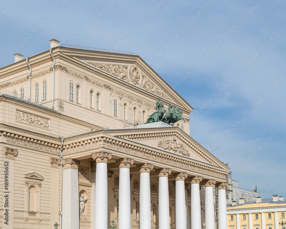Facade of Bolshoi Theatre in Moscow, symbol of Russian ballet and cultural landmark