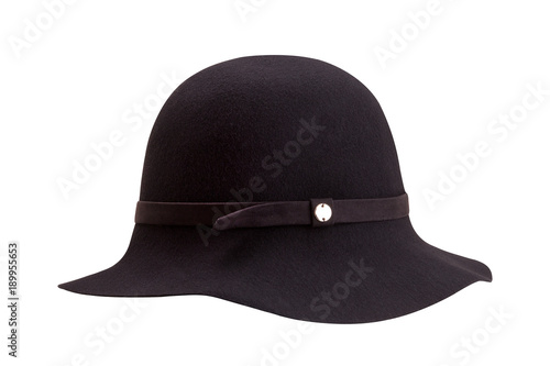 Elegant black female hat on a white background