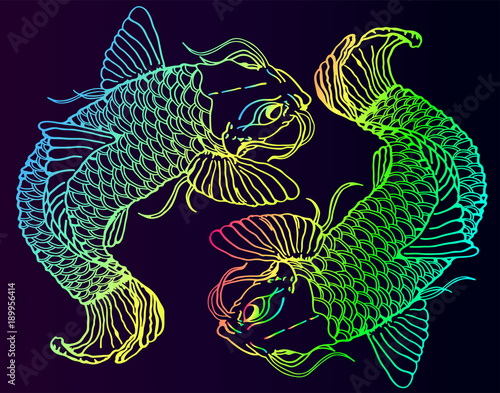 Two neon fish catfish on a gradient background