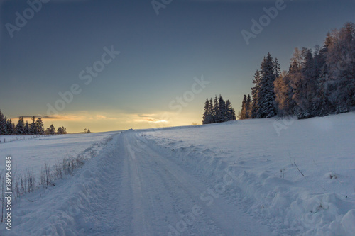 A road in deep fresh snow in the distance, the forest and the blue sky with the rising sun