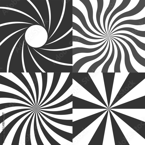 Psychedelic retro spiral black and white backgrounds vector set, radial rays vintage backdrop, radial lens aperture, wavy spinning stripes variants.