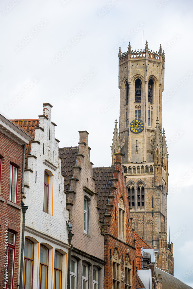 Detail of the Bruges Belfry in the city centre in Bruges, Belgium.