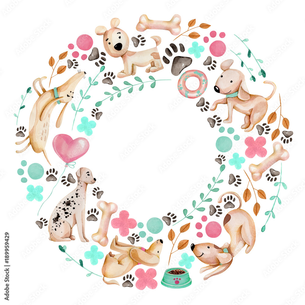 Fototapeta premium Watercolor cute funny dogs and elements wreath, frame, hand drawn on a white background
