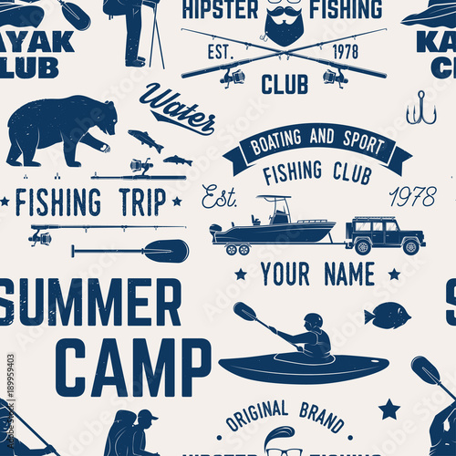 Canoe, Kayak and fishing Club seamless pattern.