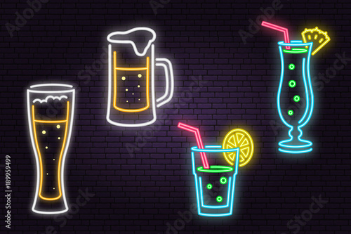 Set of neon Beer and Cocktail sign on brick wall background.