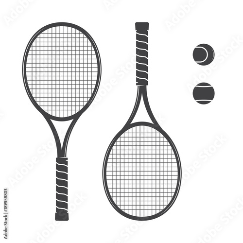 Set of tennis rackets and tennis balls.