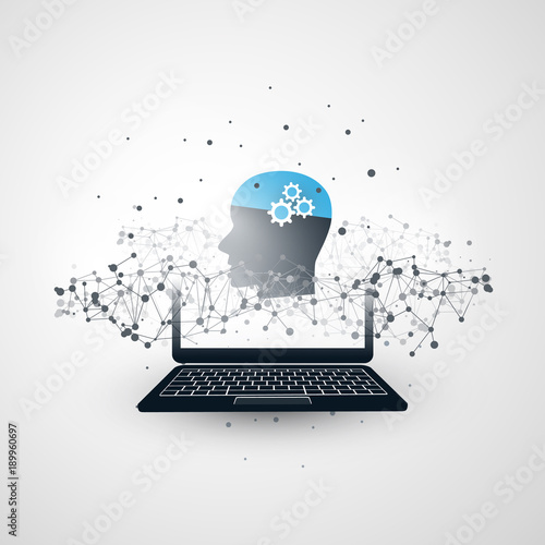 Machine Learning, Artificial Intelligence, Cloud Computing and Networks Design Concept with Laptop, Network Mesh and Human Head