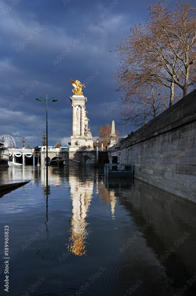 Fototapeta premium inondation de la Seine au pont Alexandre III dans Paris
