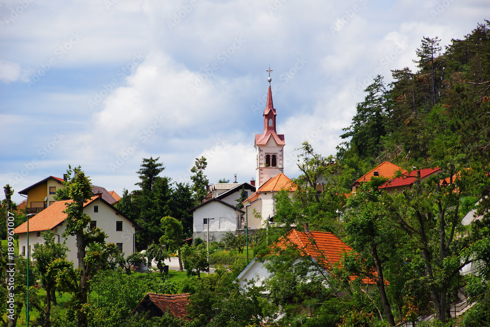 A bell tower in Postojna in Slovenia