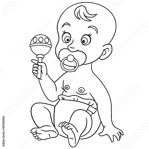 Coloring page. Toddler character. Cartoon baby boy or girl in a diaper with pacifier playing toys. Design for kids coloring book.