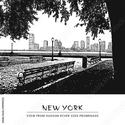 Vector landscape with a park, river side promenade, Jersey City skyline and silhouettes of street lamp. View from Manhattan embankment, New York City, USA.