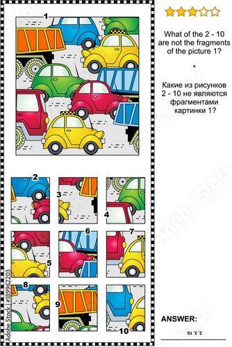 IQ training abstract visual puzzle with cars and trucks on the road: What of the 2 - 10 are not the fragments of the picture 1? Answer included.
