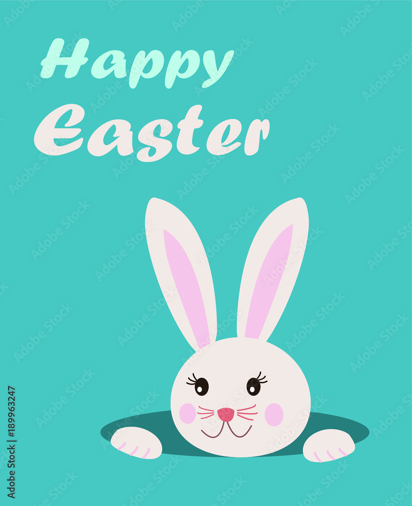 Easter greeting card with text happy easter and cute cartoon bunny rabbit looking from the hole on blue background Easter greeting card with text happy easter and cute cartoon bunny rabbit looking from the hole on blue background
