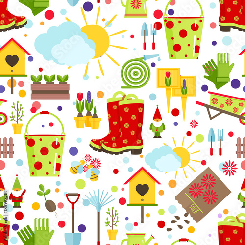 Spring and gardening seamless pattern. Tools, decorations and seasonal symbols of spring on a white background. Cartoon flat style vector illustration.