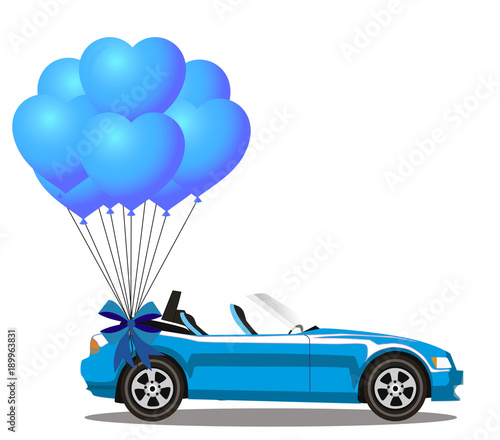 Blue modern opened cabriolet car with bunch heart  balloons
