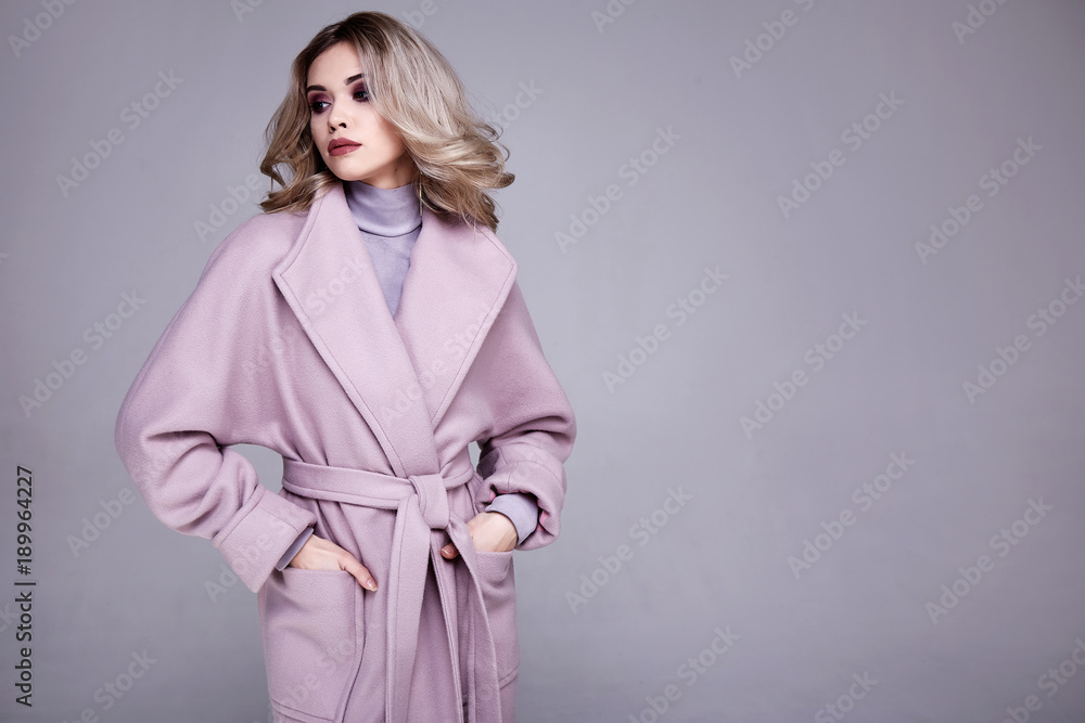 Portrait of beautiful sexy woman wear business style clothing for office  casual meeting collection accessory cashmere wool coat jacket sexy glamor  fashion model beauty face long blond hair body shape. Stock Photo