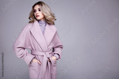 Portrait of beautiful sexy woman wear business style clothing for office casual meeting collection accessory cashmere wool coat jacket sexy glamor fashion model beauty face long blond hair body shape.